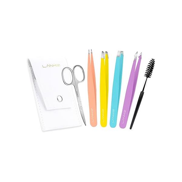 LANKIZ Tweezers for Women Facial Hair - Precision Stainless Steel Eyebrow Men and Women, Slant & Pointed Tips Removal, Ingrown Hairs, Splinters Travel Case, MultiColor