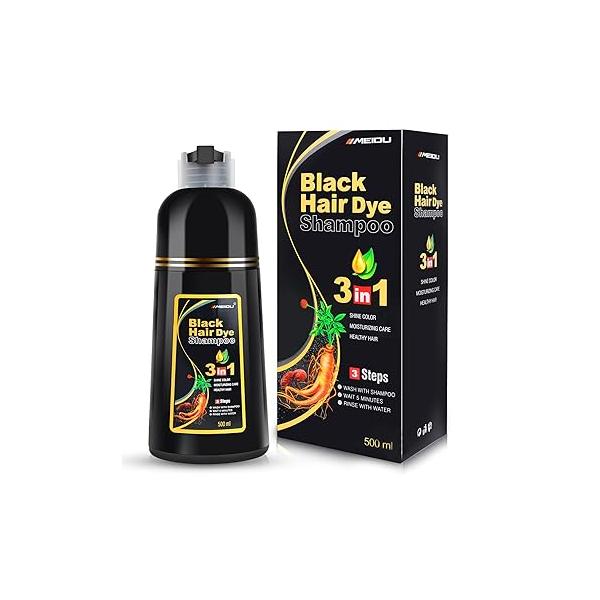 IIIMEIDU Black Hair Dye Shampoo 3 in 1 for Gray Hair, Herbal Ingredients Women Men, Grey Coverage 500ml