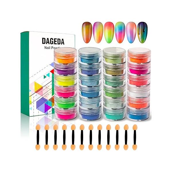 DAGEDA 24 Color Pigment Nail Powder, Colorful Iridescent Glitter Ultrafine Luminous Pearlescent High-Gloss Halo Nails Pigments Dust 3D DIY Art Decoration（Color B ）