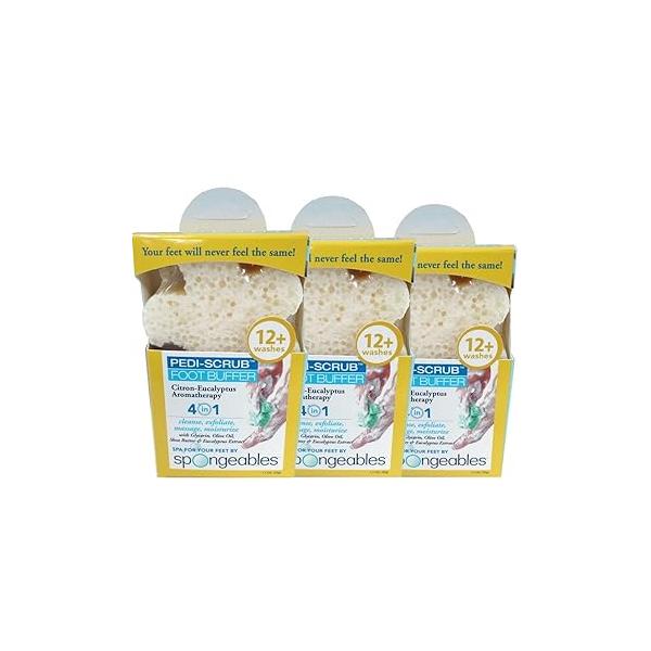 Spongeables Aromatherapy Foot Exfoliating Sponge with Heel Buffer & Pedicure Oil, Scrub Daily Bath Exfoliator Eucalyptus Lavender, Citrus, 3 Count