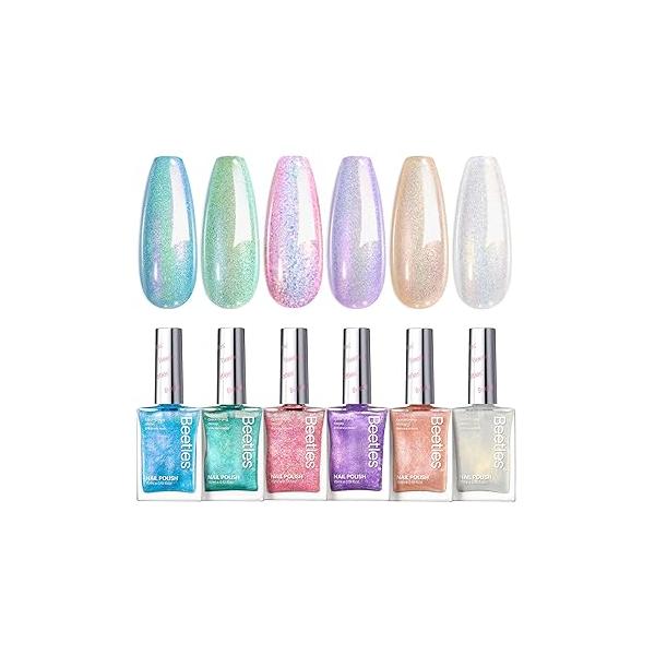 Beetles Pearl Nail Polish Set Mermaid Glow, 6 Colors Shimmer Pink Purple Quick Dry Long Lasting DIY Manicure Gift for Girls Women Strengthener