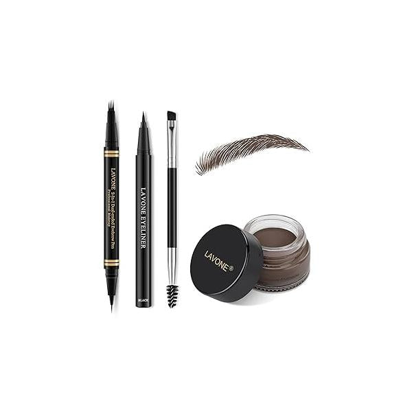 Makeup Kit with 4 Tip Waterproof Microblading Eyebrow Pencil, Eyeliner, Pomade and Dual-ended Brush - Black
