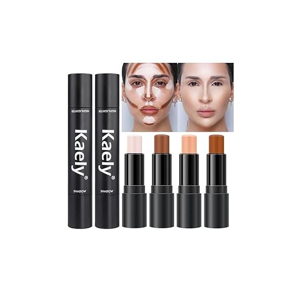 Kaely 4 Color Highlighter Contour Stick,Cream Palette Kit for Beginners,Bronzer Contouring Sticks,contorno maquillaje para mujer en oferta,Concealer Stick Primer Face Makeup Brightener,01+02