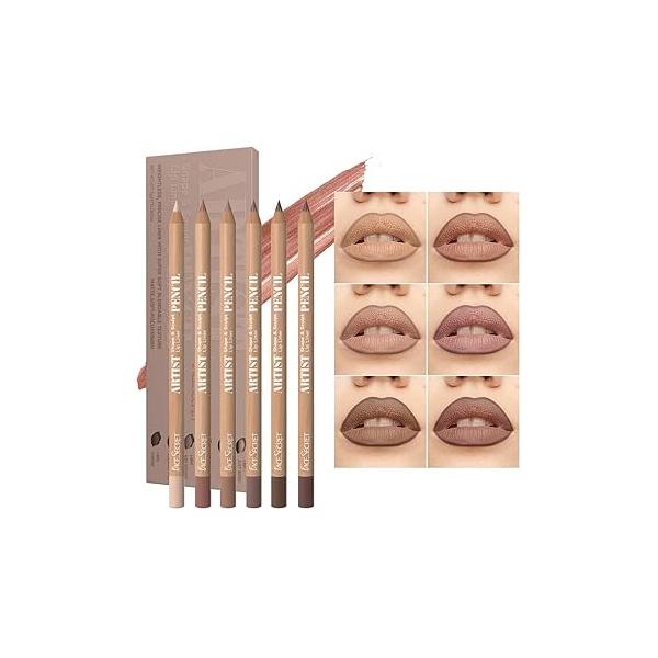 Beauty Glazed 6pcs Nude Brown Lip Liner Makeup Set - Waterproof & Smudge-Proof Matte Pencil, Long-Lasting Durable, Smooth Easy Glide, Non-Smudge, Contouring, Filling Layering (NUDE-BROWN Set)
