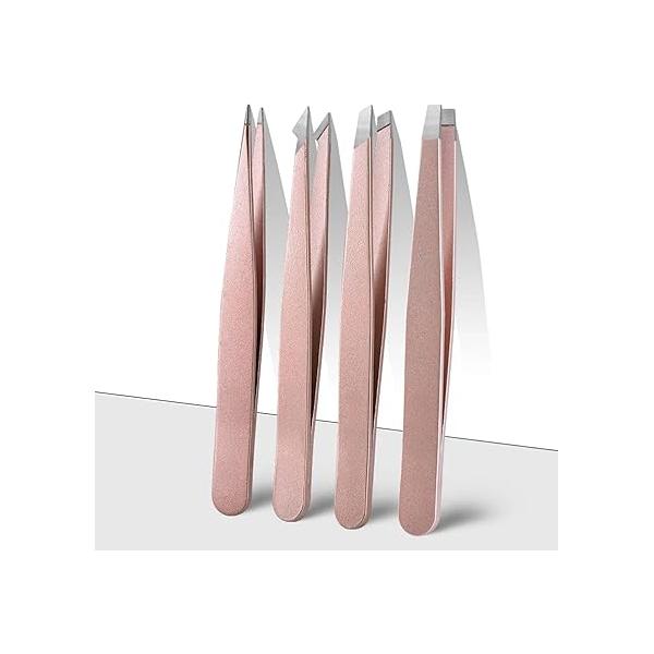 Tweezers for Eyebrows, Slant Tip and Pointed Eyebrow Tweezer Set Great Precision Eyebrows Facial Hair, Ingrown Splinter, Blackhead Tick Remover (4-piece) (Rose Gold)