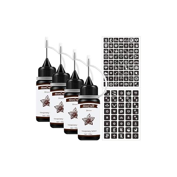 Temporary Tattoos Kit, Permanent Tattoo, 4 Pcs with Three Colors, DIY Tattoos, Full Kit 103 Adhesive Stencil for Women Kids Men Body Markers - Bottles (Black*2/Red/Brown)