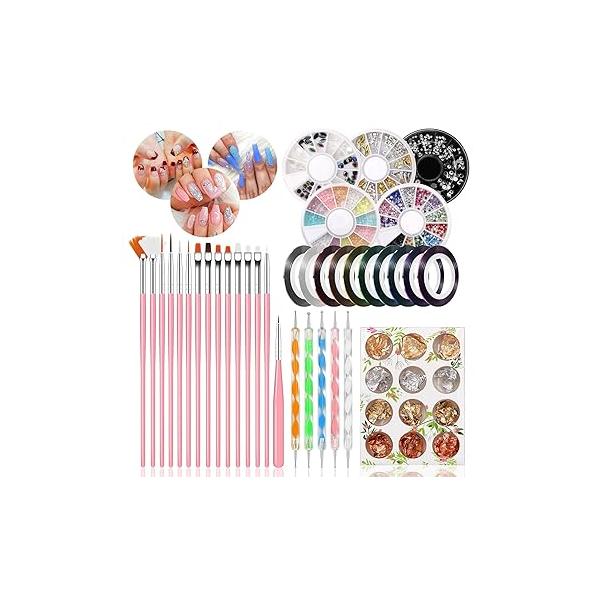 Nail Art Pens Kit 47 Pcs, Dotting Foil 15 Pcs Designer Set, Foil, Paillette Decoration Manicure 5 Boxes Rhinestones Tape Color for Nails