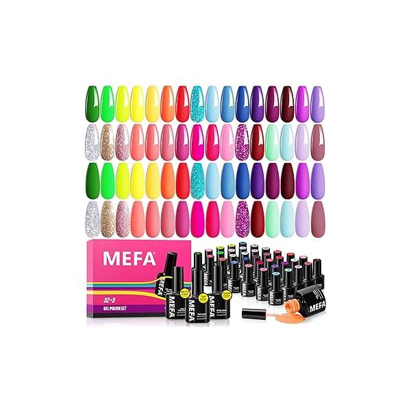 MEFA 35 Pcs Gel Nail Polish Set, 32 Colors Summer Neon Rainbow Bright Yellow Hot Pink Art Manicure DIY Decoration Beginners Salon Home Gift for Women