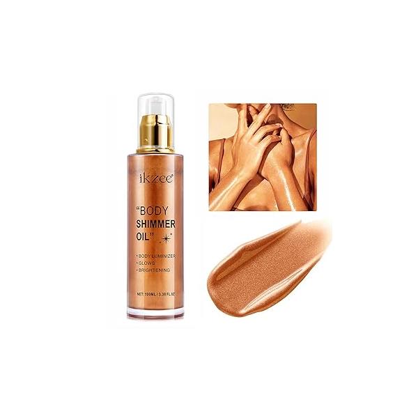 Body Shimmer Oil 100ml, Long Lasting Moisturizing Face & Luminizer, Waterproof Liquid Illuminator, Glitter Highlighter (#04 Golden Brown)
