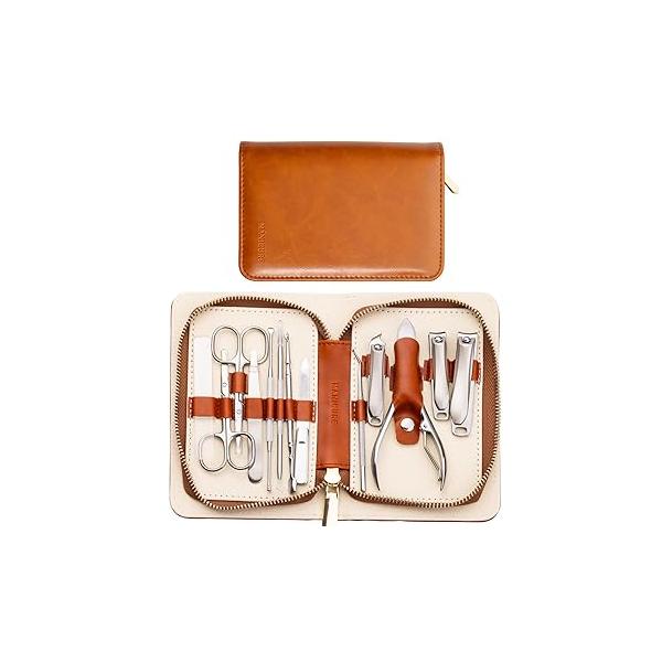 FAMILIFE Manicure Set, Professional Kit Nail Clippers Set 11 in 1 Stainless Steel Pedicure Tools Men Grooming Tool with Portable Brown Leather Travel Case Luxury Gifts for Him
