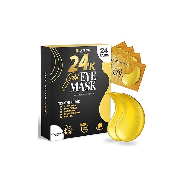 24K Gold Under Eye Patches For Puffy Eyes (36 Pairs) - Collagen Enriched Masks for Dark Circles and Puffiness, Hyaluronic Acid Mask Wrinkles