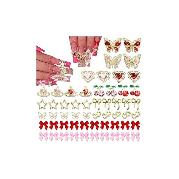 BELICEY 136Pcs 3D Nail Charms Set Mix Red Pink Acrylic Flatback Bows Gold Cherry Heart Star Butterfly for Nails Gems and Rhinestones Women Manicure DIY Art Design