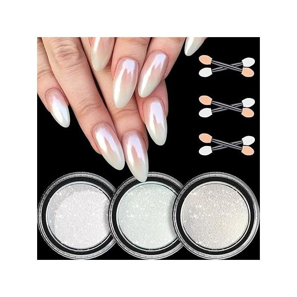 Chrome Nail Powder for Women - White Pearl Powder, Aurora Mermaid Iridescent Chromes Holographic Unicorn Rainbow Nails Sliver Metallic Mirror Effect Glitter Manicure