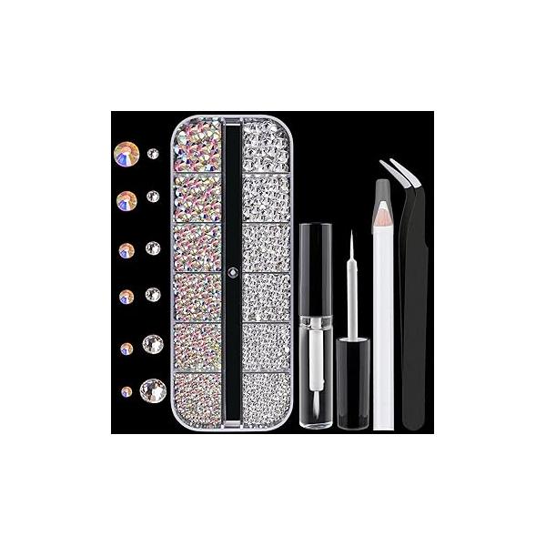 Colorful Face Gems for Makeup Set, Flatback Gorgeous Charming Shining AB Glass with Glue, Tweezer, Picker Pencil Eye Body Hair Make-up and Nail Art Deco