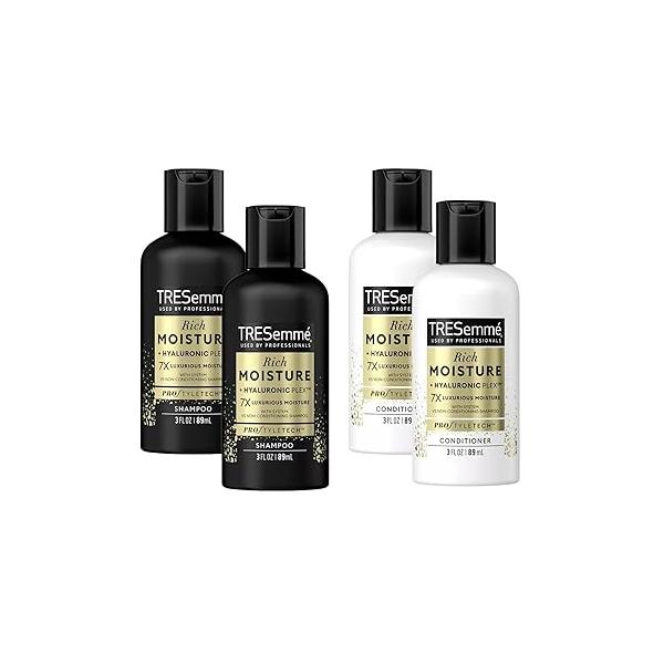 TRESemmé Rich Moisture Shampoo and Conditioner set - 2 + Travel Size Hair care for Dry or Dull with Hyaluronic Plex 3 oz. Ea