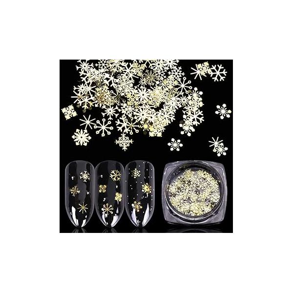 Christmas Nail Sequins Stickers Flakes Art Accessories Manicure 3D Decals Snowflake Metal Paillettes Glitter Gold Design for Xmas Party Fingernail Toenail Decor(90PCS, 1 Bottle)