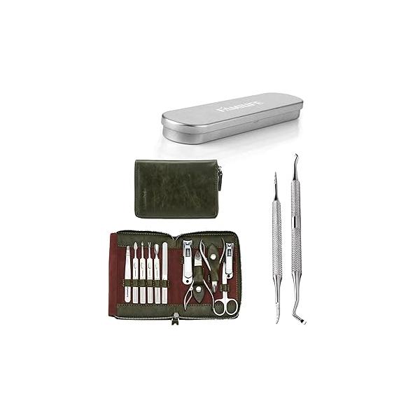 FAMILIFE Manicure Set, Nail Kit 11 in 1 pedicure kit Stainless Steel Mens Leather Pedicure Tools and 100% Ingrown Toenail File Lifter Double Sided with Storage Case