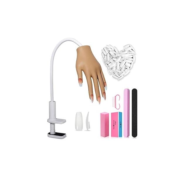 Practice Hand for Acrylic Nails- Silicone Nail Upgrade Tips Never Fall Off, Fake Manican Practice, Flexible Maniquin with 200PCS