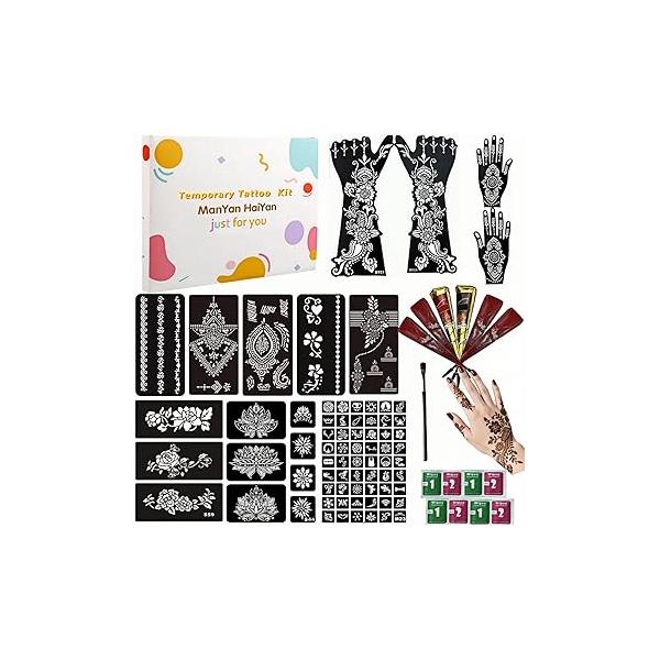 12 Sheets Temporary Tattoo Stencils Kit-Large 78 Pcs Patterns-6 (Brown/Black/Maroon) Ink with Paint Brush for DIY Body Art-Tattoos Women Men Kids