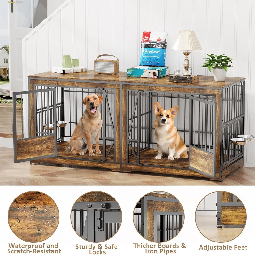 71 Inch Double Dog Crates Furniture for Large Dogs, Heavy Duty Dog Kennel Indoor with Adjustable Divider and 4 Bowls, XXL Dog Cage Furniture TV Stand Table for 2 Large Dogs, Brown