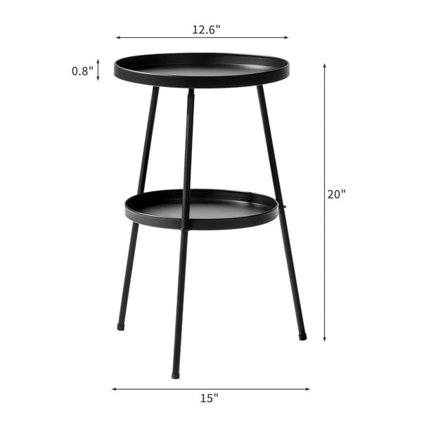 Patio Small Side Table, Round 2 Tier End Table, Metal Round Coffee Table for Indoor Outdoor, Black