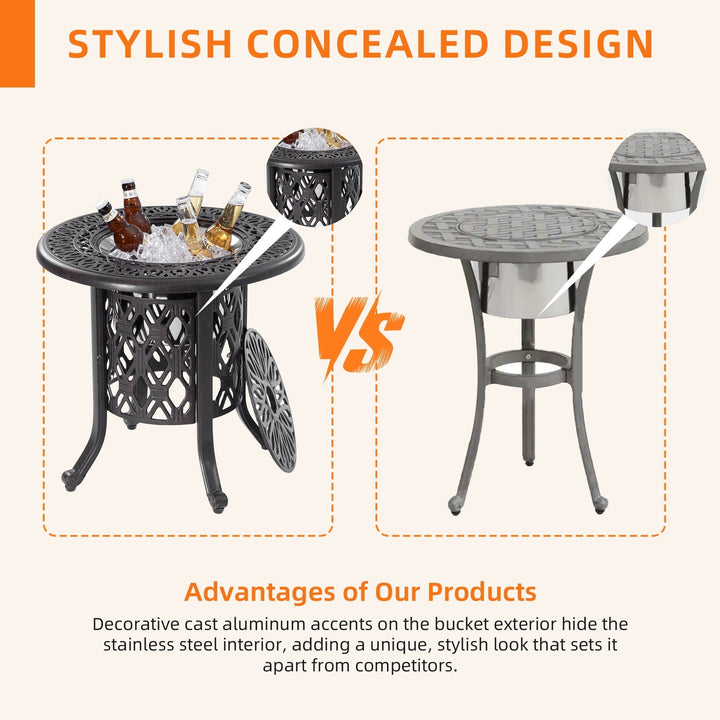 Yoneston 21" Cast Aluminum Round Patio Table with Removable Ice Bucket, Rustproof Outdoor Patio Bar Table for Patio, Balcony, Garden, Poolside, Black