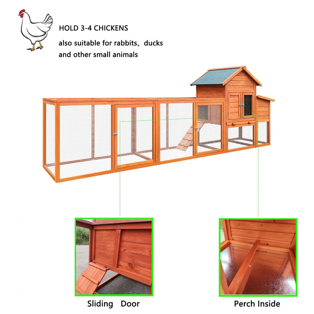 122＂Large Chicken Coop,  Wooden Hen House with Run, Nesting Box, Sliding Door, Removable Tray, Weatherproof Poultry Cage for Backyard