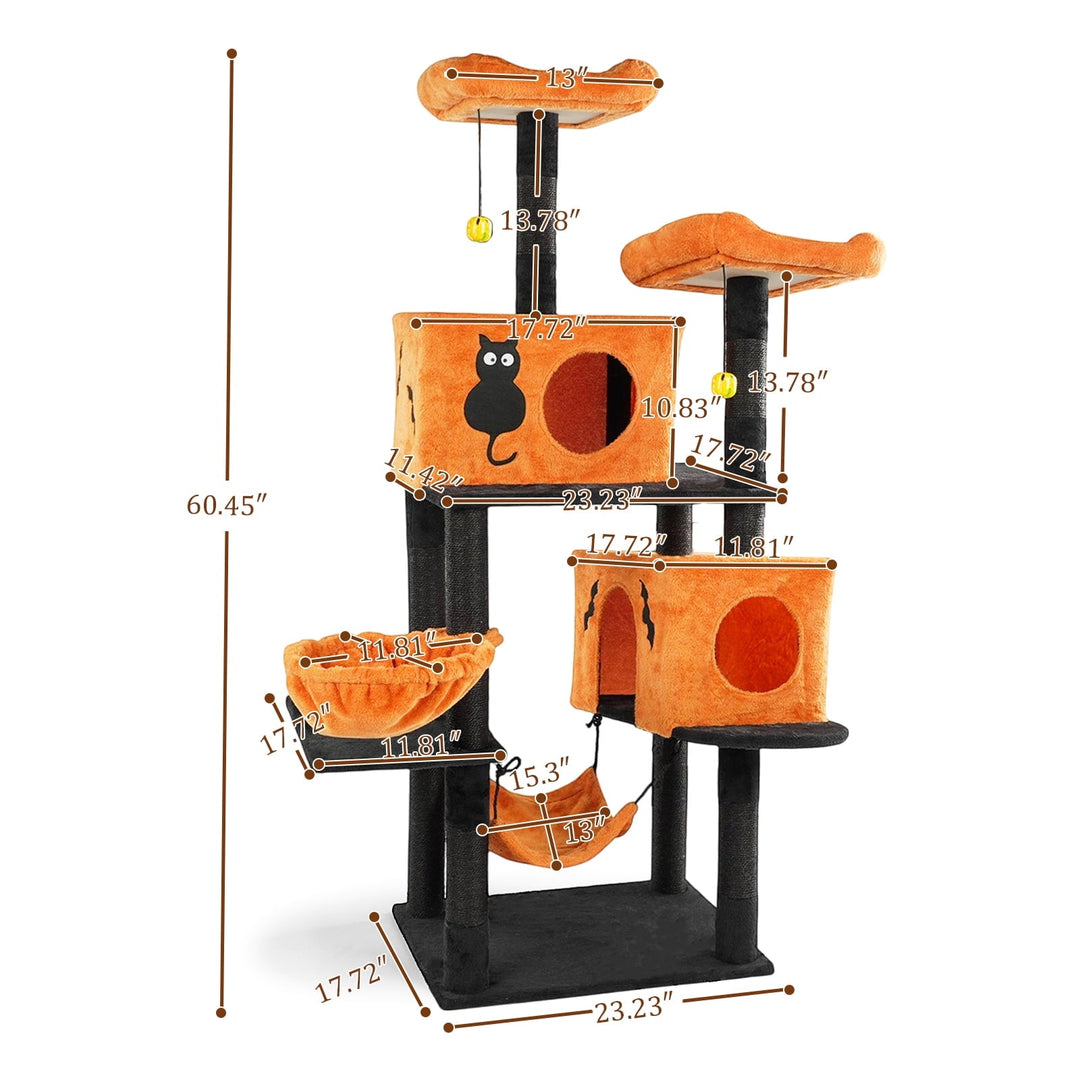 ZephyPaws 61 in Gothic Cat Tree,Large Cat Tower for Indoor Cats,Plush Multi-Level Cat Condo with 5 Scratching Posts,3 Perches,2 Caves,2 Hammock,2 Pom Poms,Black Red