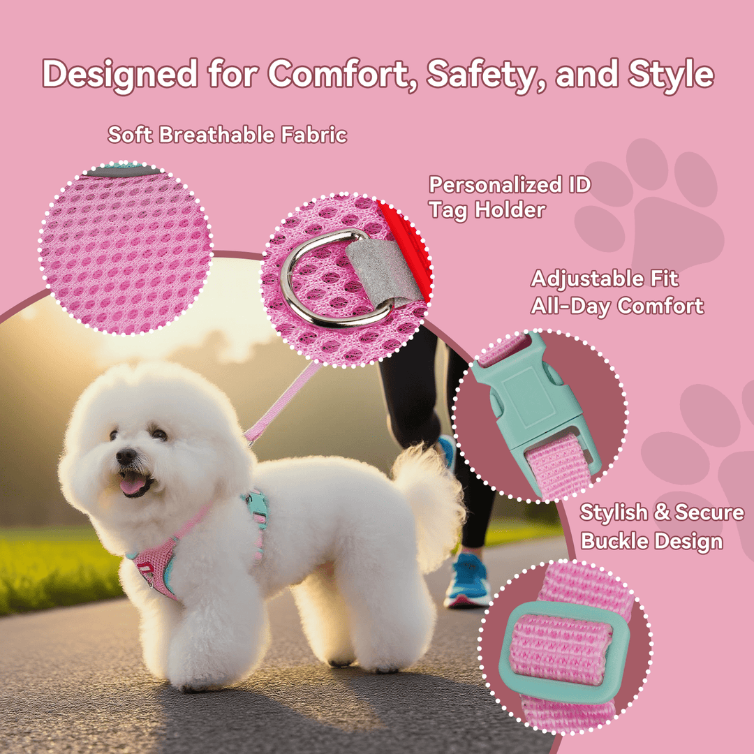 NOYAFA Dog Harness & Leash No Pull Puppy Harness for Small to Medium Dogs, Cats ,Reflective Adjustable Soft Padded D-Rings Pet Harness with Hook & Loop Fastener, Buckle （Pink S）