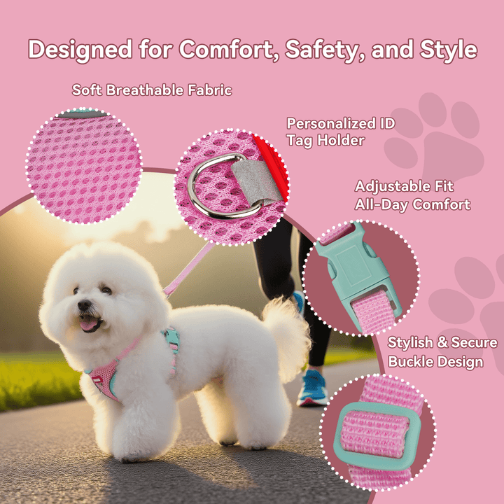 NOYAFA Dog Harness & Leash No Pull Puppy Harness for Small to Medium Dogs, Cats ,Reflective Adjustable Soft Padded D-Rings Pet Harness with Hook & Loop Fastener, Buckle （Pink S）