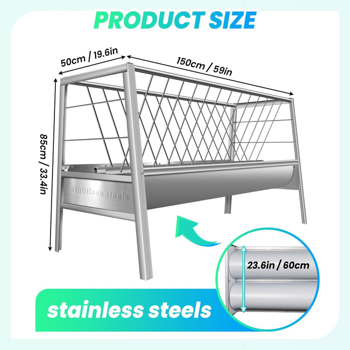 2-in-1 Livestock Feeder for Goats ,77 Gallon Goat Hay Feeder , Stainless Steel Goat Feeder for Sheep, Horses - Rust-Resistant & Large Capacity