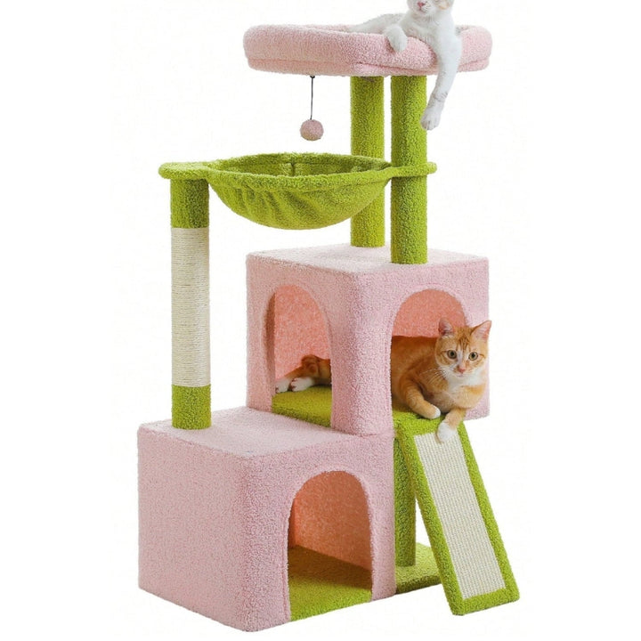 Road Large Cat Tree,41 Inches Multi-Level Cat Tower with 2 Spacious Condos for Large Indoor Cats,Pink Flower Cat House with Comfy Hammock