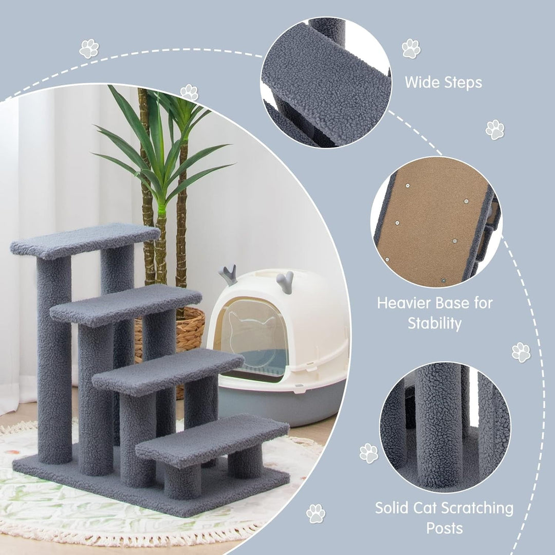 KYUTR Pet Stairs for Cats and Dogs, 4-Step Carpeted Ladder Ramp Cat Climber Cat Scratching Post, Multi-Step Dog Stairs for High Beds, Couch (Grey)