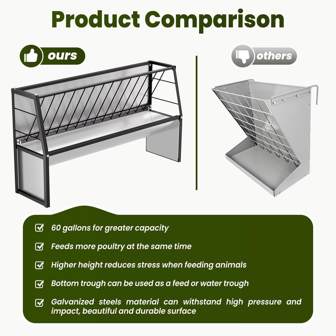 60 Gallon Feeder, Heavy Duty Galvanized Steel Livestock Hay Feeder, Weather - Resistant for Goats, Cows, Ponies in Outdoor Pasture, Farm, Grazing Yard