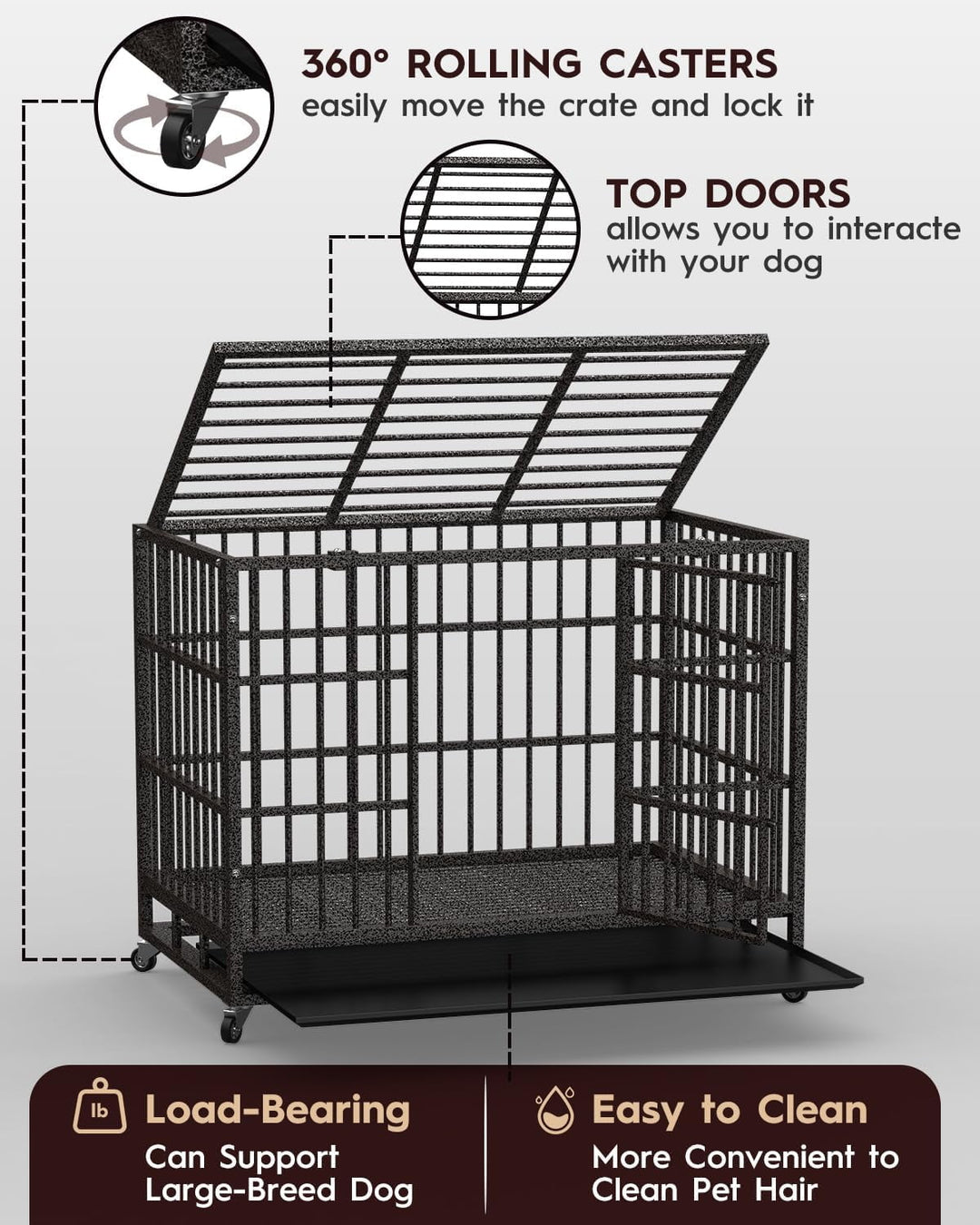 Petorldog 48" Heavy Duty Dog Crates for Large Dogs, Indestructible Escape Proof Kennel, Upgraded Reinforced Baseplate, Lockable Wheels, Spacious Capacity