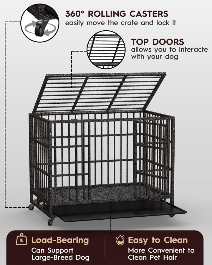Petorldog 48" Heavy Duty Dog Crates for Large Dogs, Indestructible Escape Proof Kennel, Upgraded Reinforced Baseplate, Lockable Wheels, Spacious Capacity