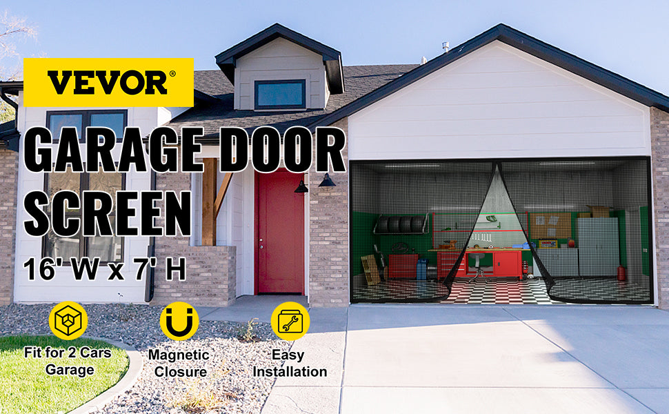 VEVOR Garage Door Screen 16 x 7 ft for 2 Cars 5.2 lbs Heavy-Duty Fiberglass Mesh for Quick Entry Self Sealing Magnet Retractable