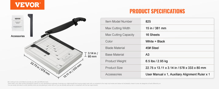 VEVOR Paper Cutter Guillotine Trimmer 15"/18" Cut Length 16/20 Sheets Capacity Heavy Duty Paper Cutter for Home Office School