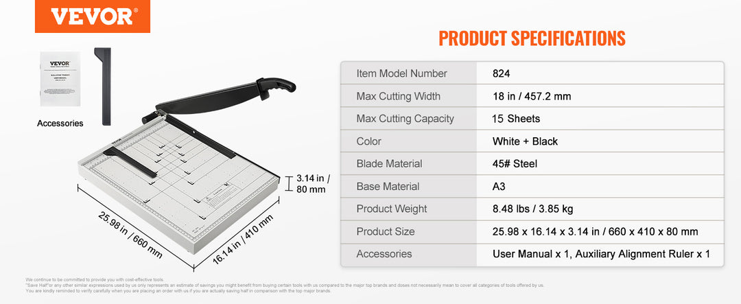 VEVOR Paper Cutter Guillotine Trimmer 15"/18" Cut Length 16/20 Sheets Capacity Heavy Duty Paper Cutter for Home Office School