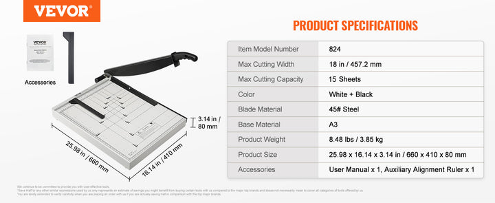 VEVOR Paper Cutter Guillotine Trimmer 15"/18" Cut Length 16/20 Sheets Capacity Heavy Duty Paper Cutter for Home Office School