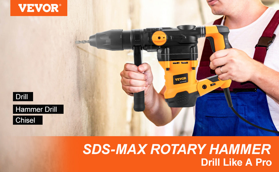 VEVOR 1600W Rotary Hammer Drill Max Drilling 42mm 3 Modes SDS Max Corded Demolition Chipping Metal Concrete Breaker Jackhammer