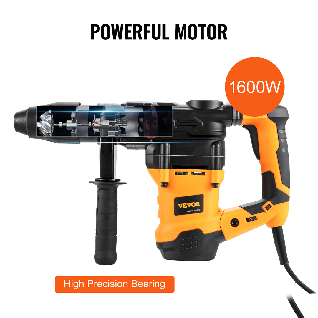 VEVOR 1600W Rotary Hammer Drill Max Drilling 42mm 3 Modes SDS Max Corded Demolition Chipping Metal Concrete Breaker Jackhammer