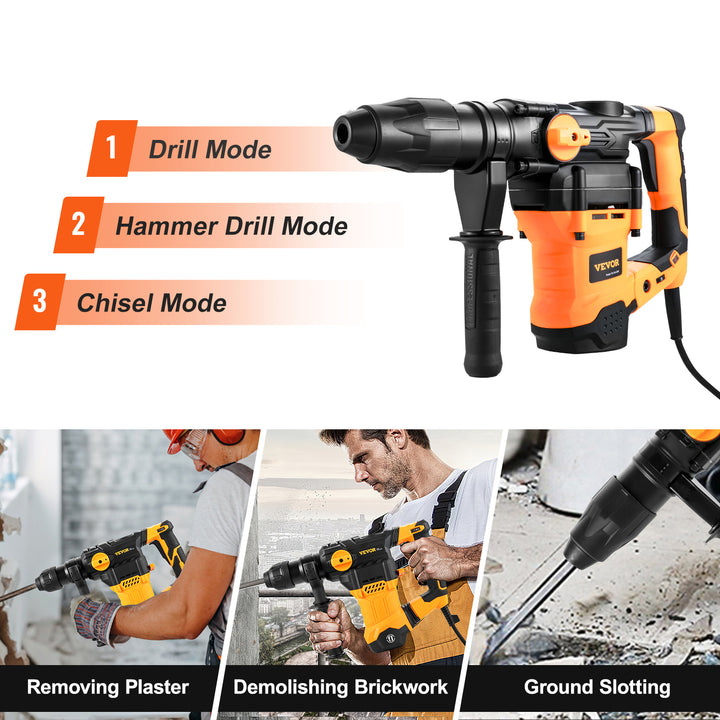 VEVOR 1600W Rotary Hammer Drill Max Drilling 42mm 3 Modes SDS Max Corded Demolition Chipping Metal Concrete Breaker Jackhammer