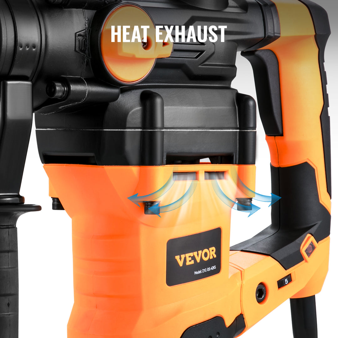 VEVOR 1600W Rotary Hammer Drill Max Drilling 42mm 3 Modes SDS Max Corded Demolition Chipping Metal Concrete Breaker Jackhammer