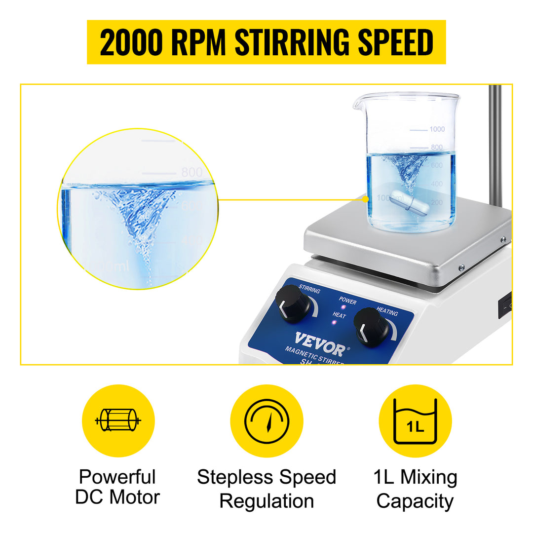 VEVOR 1000ML Electric Magnetic Stirrer Hot Plate Vortex Mixer Shaker With Stir Bar Medical Bioloicgal Chemical Laboratory