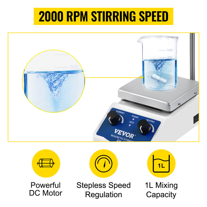VEVOR 1000ML Electric Magnetic Stirrer Hot Plate Vortex Mixer Shaker With Stir Bar Medical Bioloicgal Chemical Laboratory