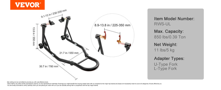 VEVOR Motorcycle Stand Lift 850lbs Front Rear Combo Stand Lift Stand Front and Rear Wheel Fork Stand Heavy Duty Rear Wheel Stand