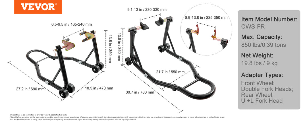 VEVOR Motorcycle Stand Lift 850lbs Front Rear Combo Stand Lift Stand Front and Rear Wheel Fork Stand Heavy Duty Rear Wheel Stand