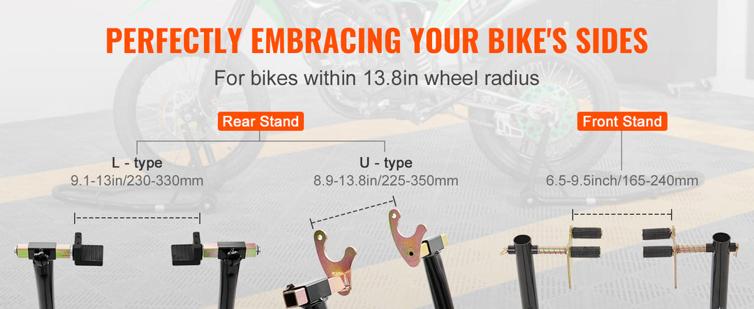 VEVOR Motorcycle Stand Lift 850lbs Front Rear Combo Stand Lift Stand Front and Rear Wheel Fork Stand Heavy Duty Rear Wheel Stand