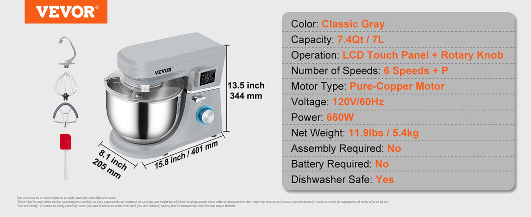 VEVOR 5 IN 1 Stand Mixer Tilt-Head Multifunctional Electric Mixer w/ 6 Speeds LCD Screen Timing 7.4 Qt Stainless Bowl Dough Hook